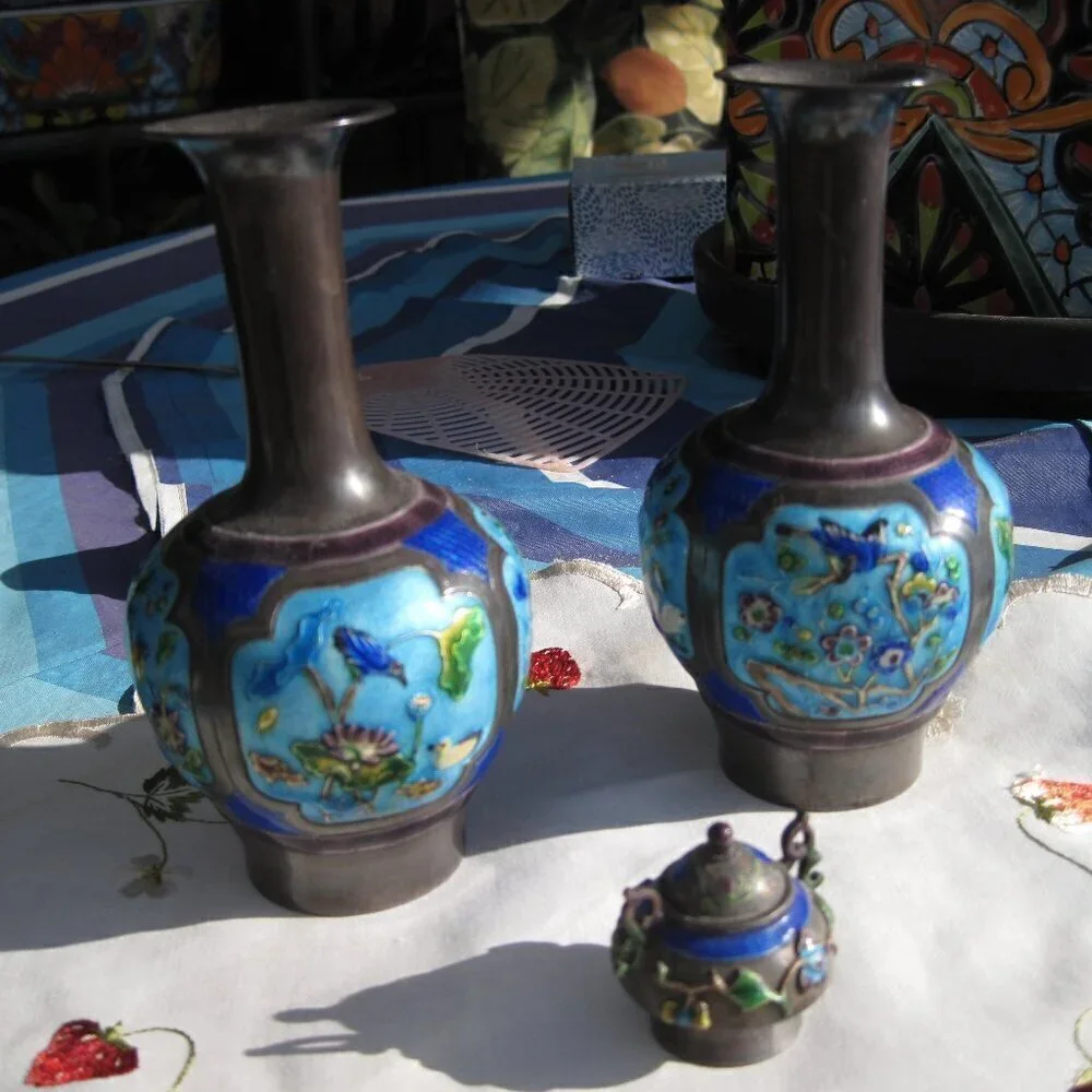 Small Vintage Cloisonne Genuine Silver Antique Natural Patina  Floral Vase Set